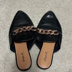 Qupid Black Mules with Gold Chain Accent